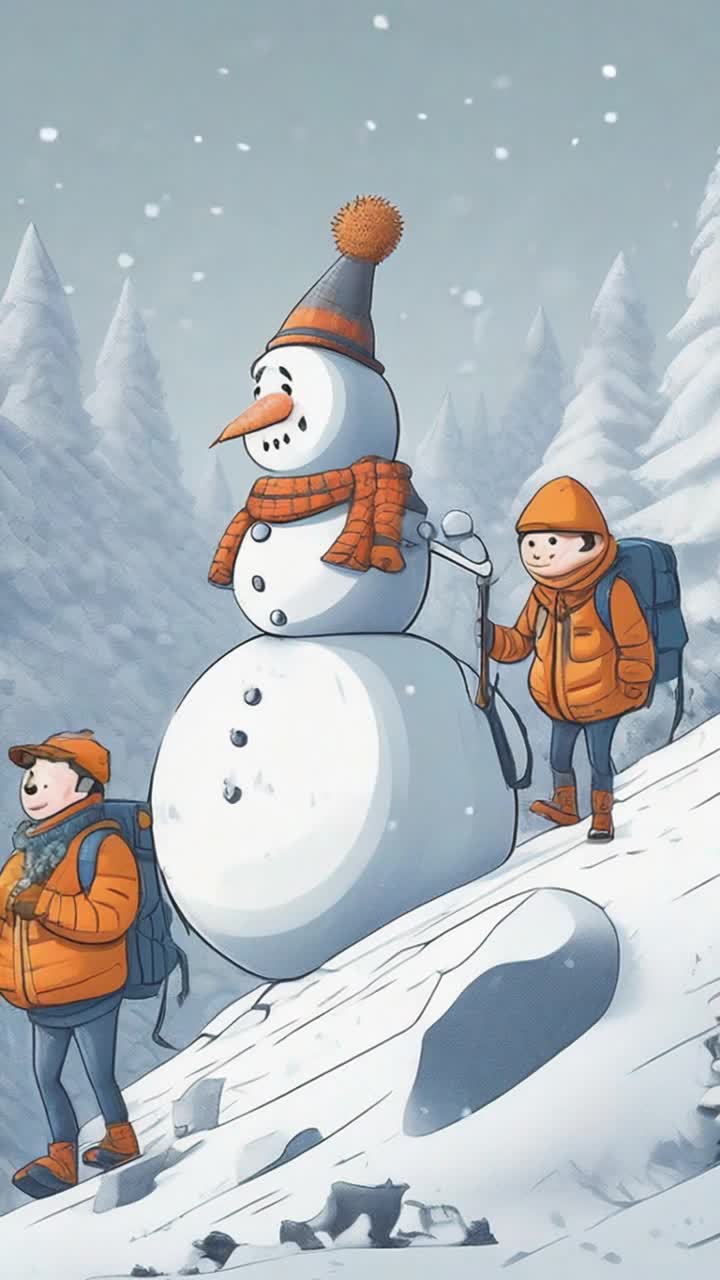 Animate a  small group of  three men, each one centimeter tall, tiny men dressed for heavy winter, horizontally mountain hiking up a snowman, climbing onto a carrot nose on the face of a snowman head, it is snowing with snowflakes too large, a snowflake seems oddly oversized and knocks the last guy off,  his rope connecting him to the front two hikers is immediately snipped with a quick tug on a loose knot, the first two hikers shrug at each other, smile and move on