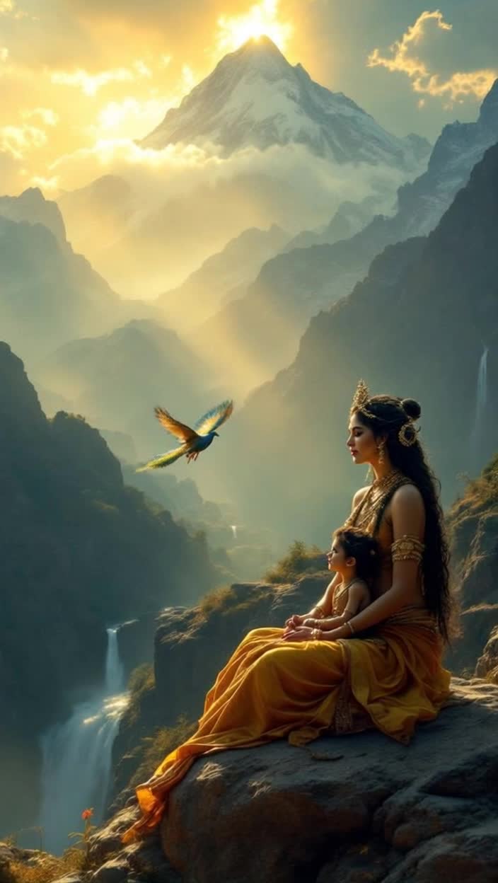 Heres a reel script for your given sceneReel Script Goddess SkandamataDuration 2025 secondsMusic Calm, melodious, and divine instrumental music such as a flute or veenaAudio Gentle sound of wind, slow sound of a waterfallShot 1 05 secondsScene The camera slowly pans upward, with rays of golden sunlight streaming down through the clouds A wide shot of the majestic and serene peaks of the HimalayasText on screen The fifth day of NavratriShot 2 512 secondsScene The camera zooms in Goddess Skandamata is seated on a rock Her face is extremely calm and compassionate She holds her son, Skanda, in her lap, who looks up at her Focus on the tenderness and peace of motherhood in this shot Shot 3 1218 secondsScene Suddenly, a huge and majestic peacock flies into the frame, its wings spread Iridescent colors shine on its feathers, and its flight casts a golden glow in the air The camera follows the peacocks graceful flightShot 4 1825 secondsScene The camera again shows the entire divine scene  Goddess Skandamata, her son, and the flying peacock High mountain peaks and waterfalls are clearly visible in the background This shot is a powerful blend of peace, strength, and loveText on screen Mother Skandamata Symbol of motherhood, strength, and loveMusic The music slowly fades out