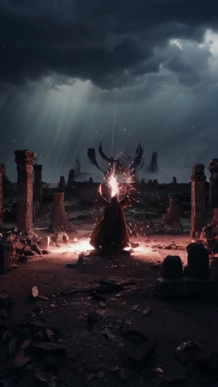 Magical sorcerer with flowing robes conjuring intricate sacred geometry in vibrant light slicing through fearsome demonic horde with powerful gestures leaving a trail of shimmering energy and explosive brilliance restoring battlefield to majestic splendor surrounded by crumbling ruins of ancient civilization under a stormy sky illuminated by flashes of lightning echoing distant roars of chaos