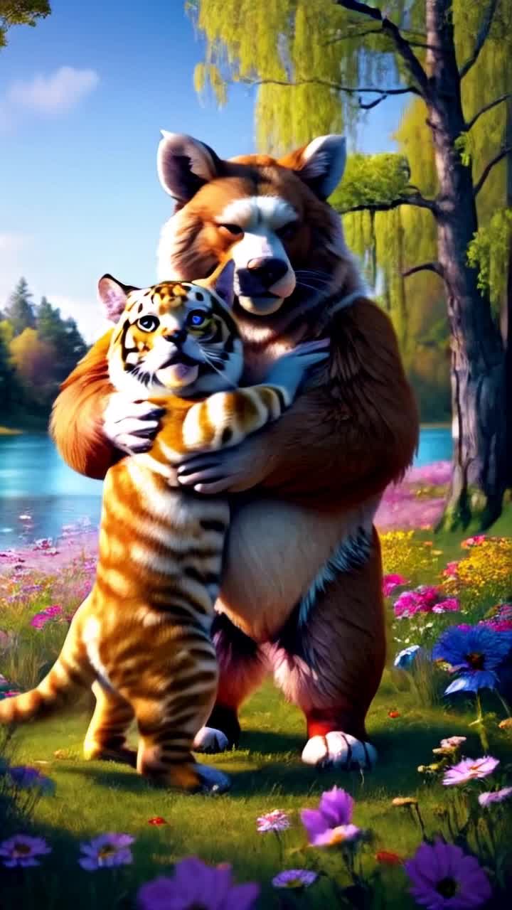 Majestic anthro male Russian bear towering over playful female anthro tiger radiating joy and affection in their expressions Graciously lifting tiger with tender care Muzzle gently caressing her neck conveying warmth and love Surrounded by vibrant wildflowers swaying in a gentle spring breeze Lush green trees standing tall against bright blue skies Sparkling lake shimmering under sunlight reflecting natures beauty Charming rustic cabin nestled among trees emanating cozy tranquility Soft sounds of nature creating a harmonious backdrop enhancing the scene