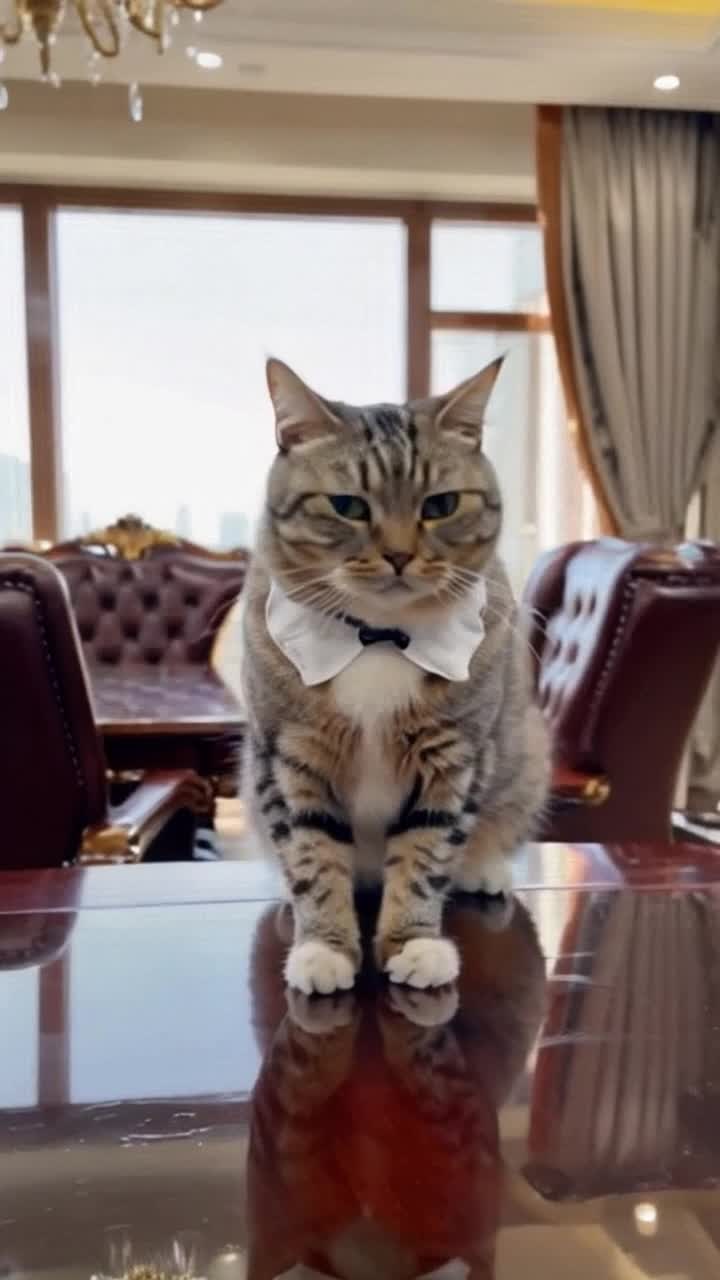 Elegant calico cat dressed in a sharp tailored suit adjusting cufflinks with a confident flick of its tail gathering attention from surrounding attendees  Leaning forward with an air of authority delivering compelling points with expressive gestures captivating the room  Luxurious boardroom adorned with plush leather chairs polished mahogany table bathed in warm golden light from a chandelier overhead large windows framing a stunning cityscape view