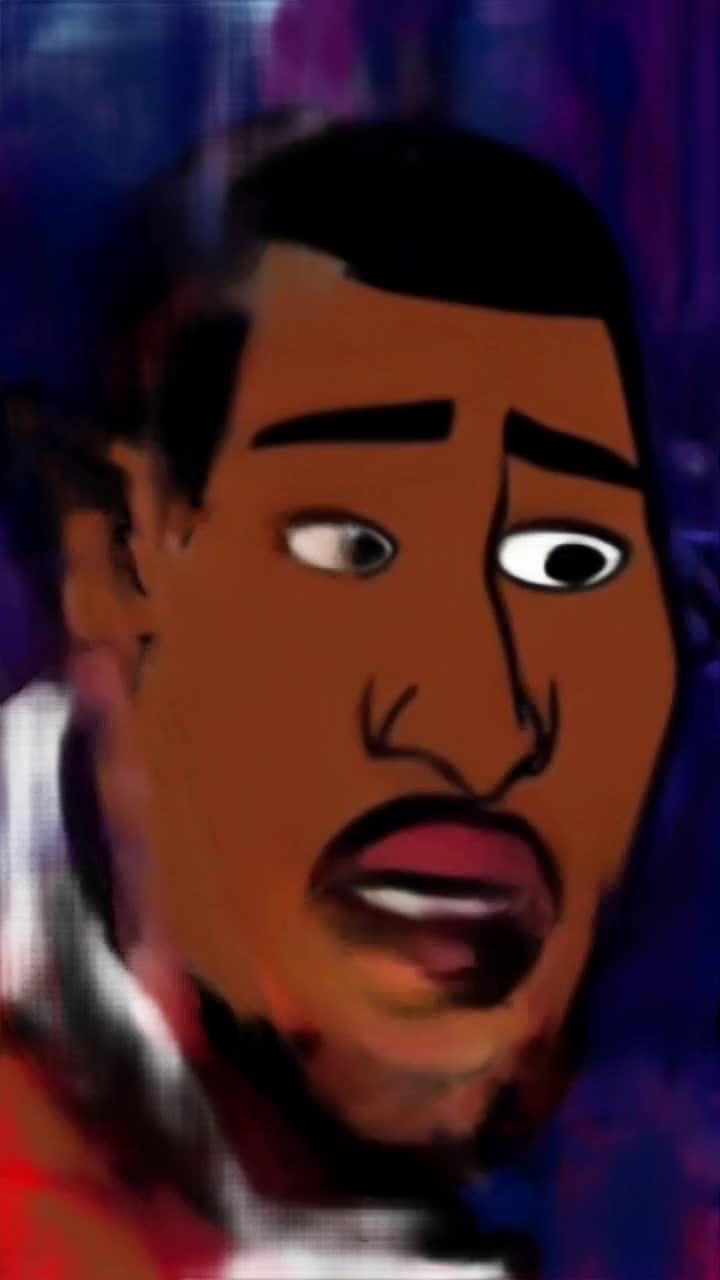 Cartoon comic African American man in red sweatshirt speaks seriously background is city streets