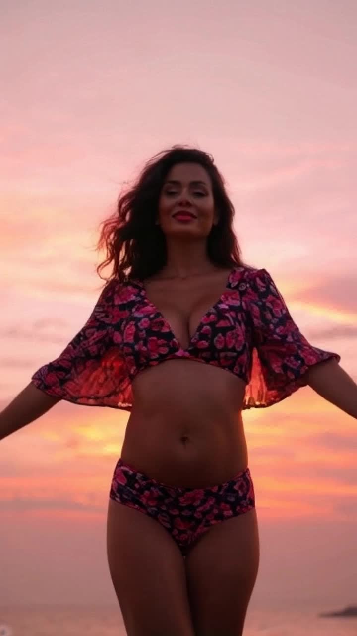Confident curvy woman radiating beauty in a vibrant revealing top twirling playfully against a dreamy sunset sky shimmering with hues of orange and pink reflecting warm light across her skin