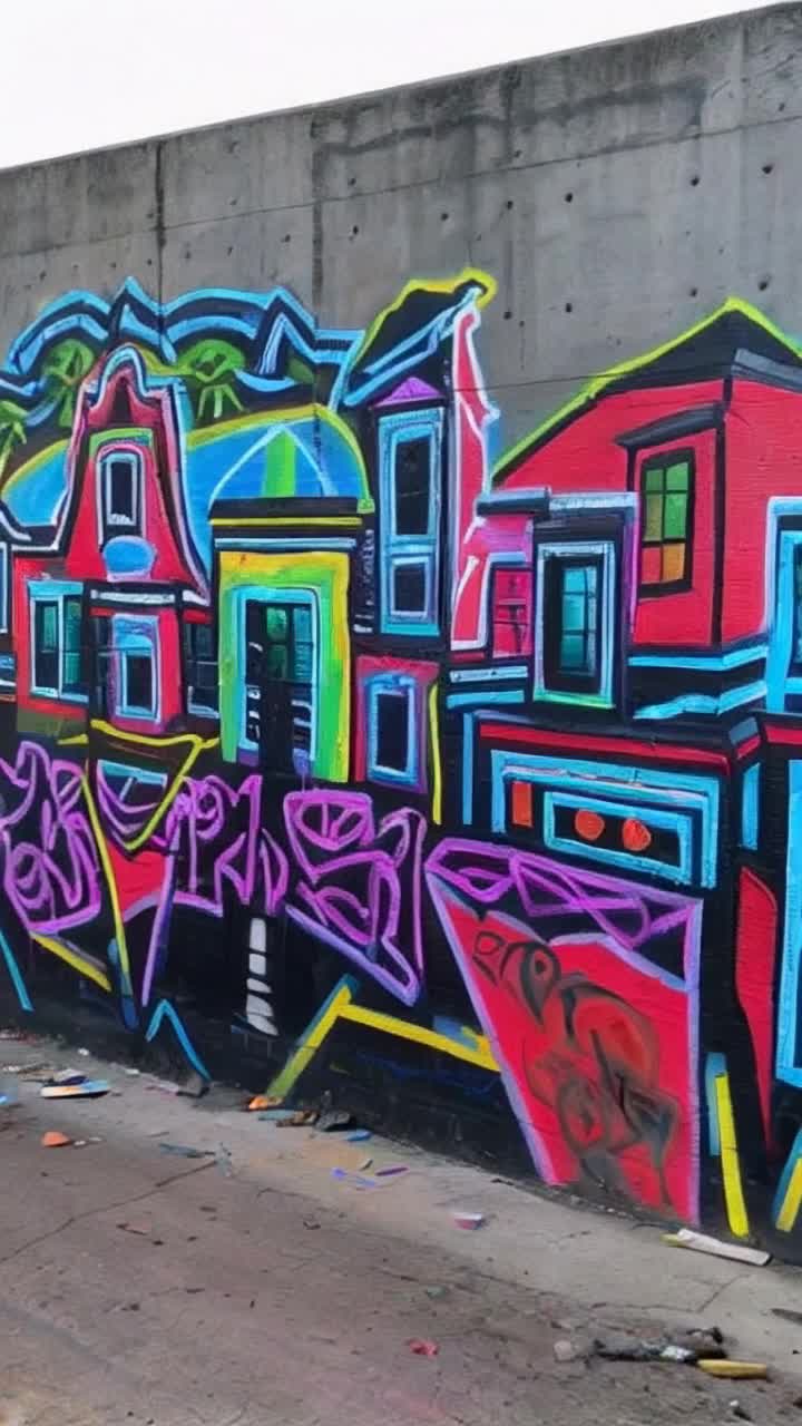 A vibrant street artist with multicolored spray cans creates a stunning mural on a concrete wall Neon paint splashes in an explosion of color Bustling urban environment with towering buildings and diverse passersby capturing the excitement of the moment