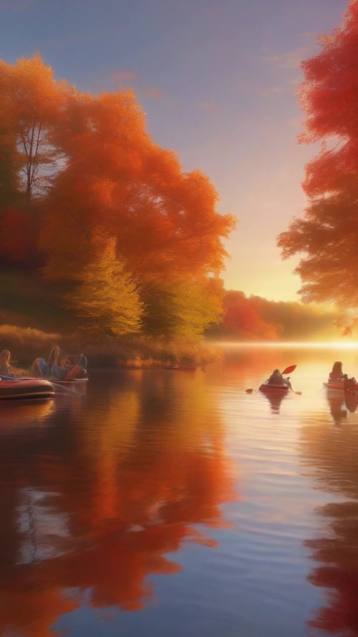 Colorful tubes gliding on serene waters laughter from friends splashing joyfully surrounded by vibrant autumn foliage hues of orange red and gold glowing in the soft light sun dipping below the horizon casting warm reflections on the gentle waves couples families and groups enjoying carefree moments drifting together amidst picturesque scenery peaceful sounds of nature enhancing the lively atmosphere as evening approaches shadows stretching across the river shimmering in golden hour magic making unforgettable memories in Green County Wisconsin