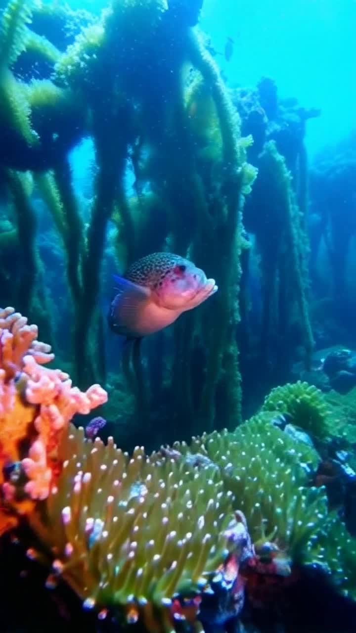 the surreal seahorse swimming fiercely with motion blur amongst a stunning kelp forest growing out of vibrant coral