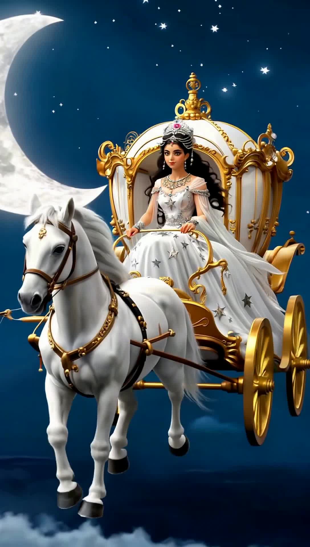 selene the moon goddess on her chariot flying in the night sky being drawn by two white horses with a crescent moon behind them