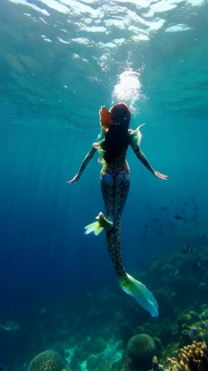 Stunning mermaid adorned with intricate patterns swirling in vibrant hues reminiscent of Van Goghs brushstrokes shimmering in turquoise waters graceful hair flowing like tendrils of seaweed dancing with the currents surrounded by schools of colorful fish weaving through vibrant coral reefs ethereal light filtering down creating a glasslike surface above illuminating the magical underwater scene cascading bubbles rising softly creating a mesmerizing atmosphere of tranquility and wonder 4k