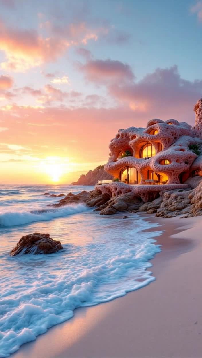 A house constructed entirely from sea corral, at the edge of an isolated beach, at sundown, waves crashing against the white sand