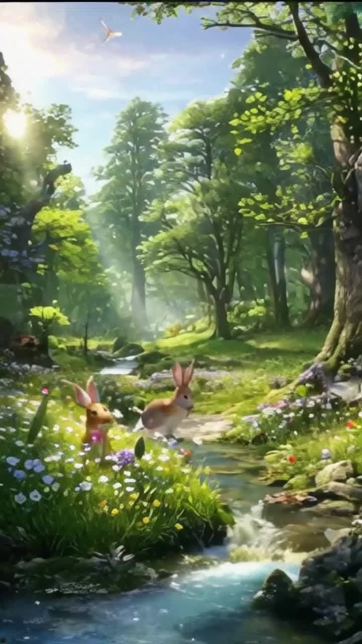 Whimsical forest creatures frolic in a vibrant meadow bursting with lush flowers and fluttering butterflies under a golden sun Colorful rabbits leap playfully chasing one another while curious foxes peek from behind ancient trees As they dance and twirl among the wildflowers, the forest whispers a gentle breeze carrying melodies of cheerful birds Dappled sunlight filters through the emerald canopy creating magical patterns on the ground Nearby, a sparkling brook flows serenely reflecting glimmers of light as dragonflies dart above its surface Each movement brings harmony to this enchanting scene painted in hues of natures beauty