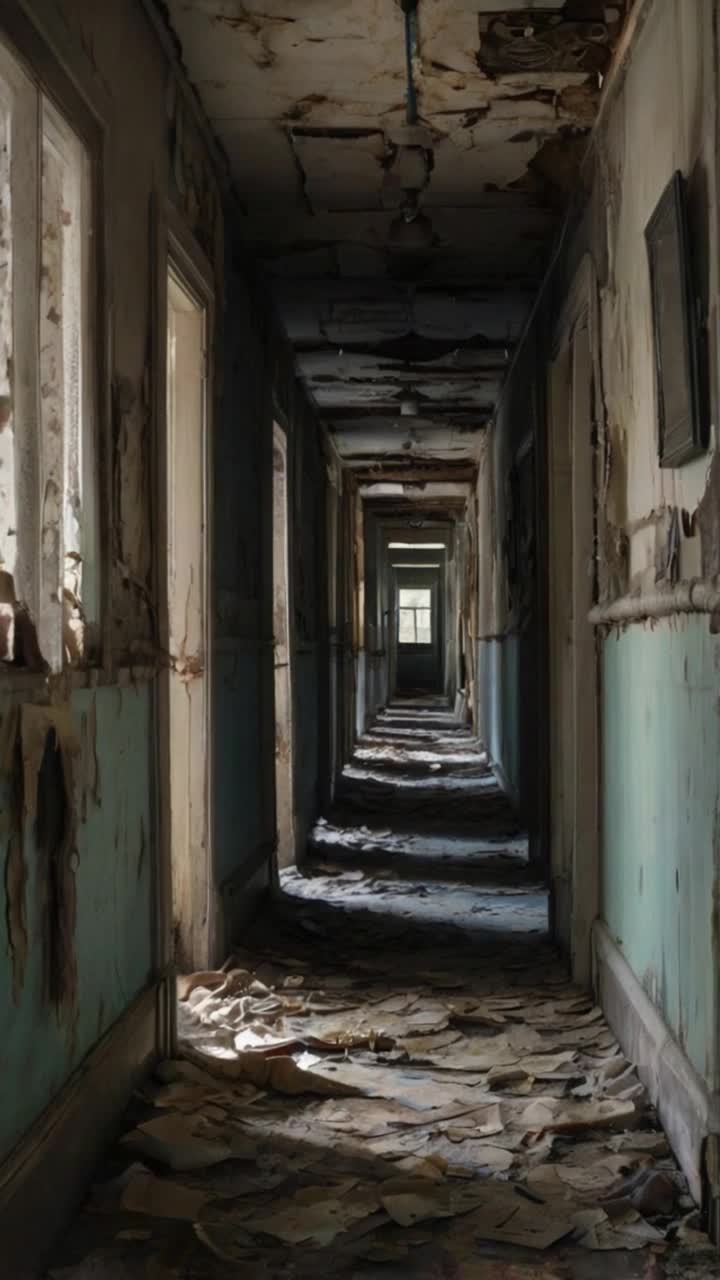 a tattered hallway steeped in decay, lined with faded portraits whose eyes seem to follow you Ghostly outlines of children at play blur at the edge of perceptionhands extended, inviting, or warning Light seeps in like memorydim, fractured, and cold
