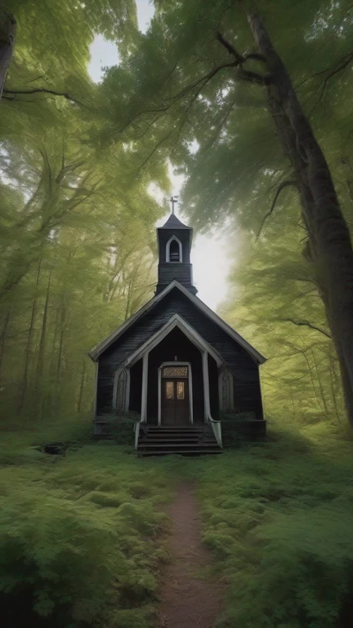A small once white wooden once adorable chapel like church from the 1800s rotting in a deep dark mysterious Northern forest in the USA The church is covered with moss and ivy and there are tangles of weeds and other plants everywhere and large black bear walking thru the area