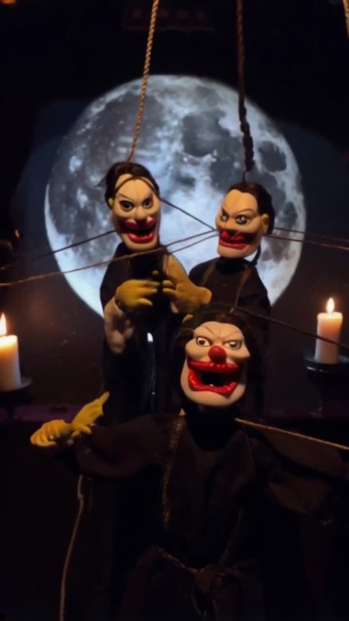Menacing marionettes with sinister grins twist and sway Strings pulling tight with dark intent Moonlit stage shrouded in shadows surrounded by flickering candles casting eerie glows