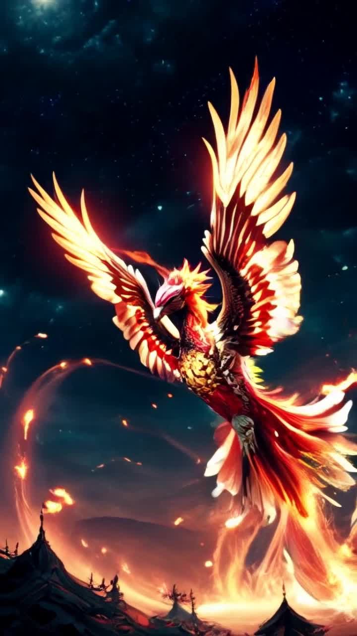 Vibrant phoenix with intricate fiery plumage gliding effortlessly Magnificent wings unfurling with elegance amidst a tempest of swirling flames Radiant hues of orange red gold exploding in a breathtaking display around soaring figure as glowing embers twirl and shimmer in the air creating a mesmerizing spectacle beneath a twilight sky filled with stars