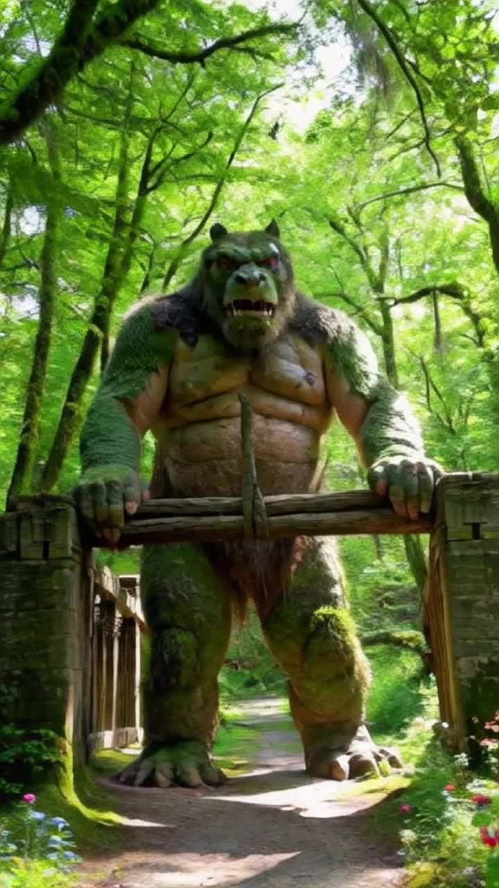 Giant troll with mosscovered skin bulging muscles fierce expression stands defiantly Massive hands gripping weathered wooden beams of ancient bridge Blocking passage with imposing stature vibrant forest surrounding glimmers sunlight filtering through leafy canopy Birds flit nervously overhead whispering winds rustle leaves tension hangs thick in the air Colorful flowers line the edges of the path inviting explorers to approach Yet daunting presence halts their journey