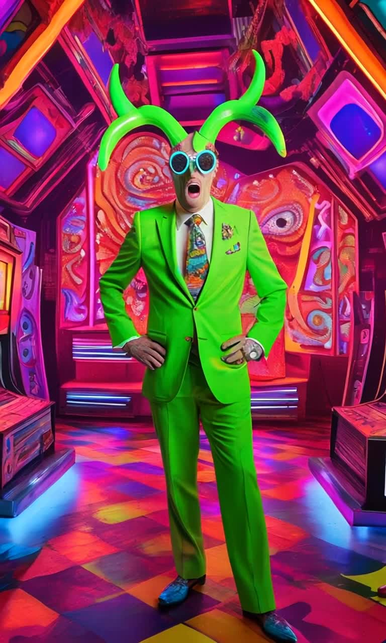 Grotesque creatures with drooping snouts twisted horns long tails adorned in vibrant mod 1960s attire collide in chaotic banter and laughter amidst zany psychedelic game show atmosphere Colorful oversized squares flash neon lights from a backdrop overflowing with psychedelic patterns rich in vibrant hues echoing vintage television sets Ridiculous challenges unfold as these bizarre contestants drool squabble and engage in comical displays of charm and horror capturing the absurdity of this parody