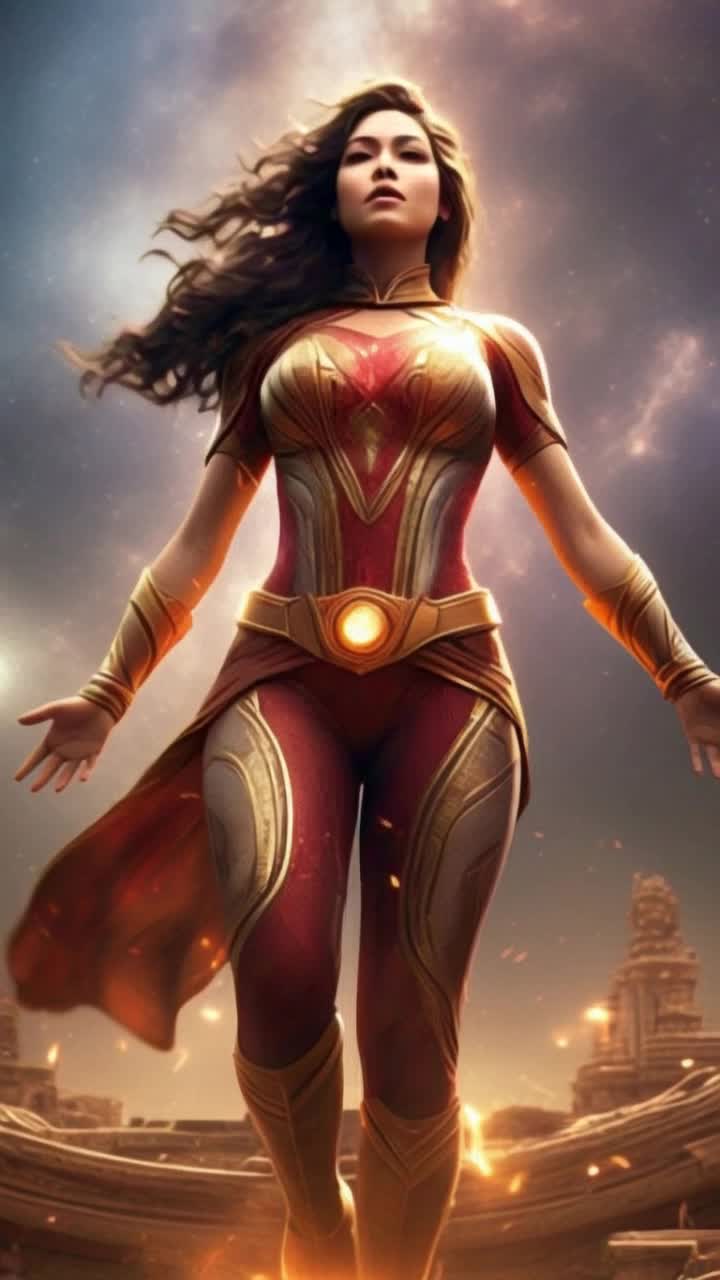 Female superhero with an athletic physique embodying wisdom and divine energy Hovering gracefully in the air radiating a powerful glow while in a meditative pose Cosmic sky filled with shimmering stars and ethereal light or a mystical temple adorned with ancient carvings and glowing symbols