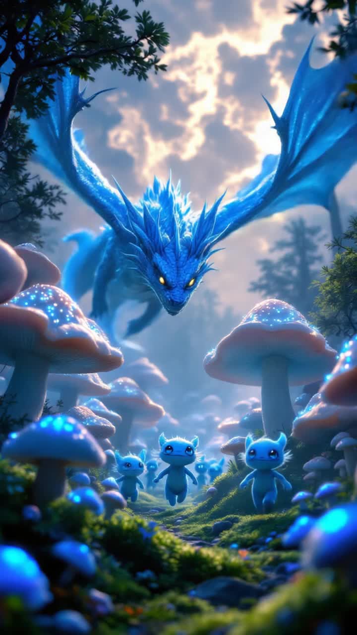 Little blue forest creatures in the mushroom kingdom getting chased by the majestic blue dragon  