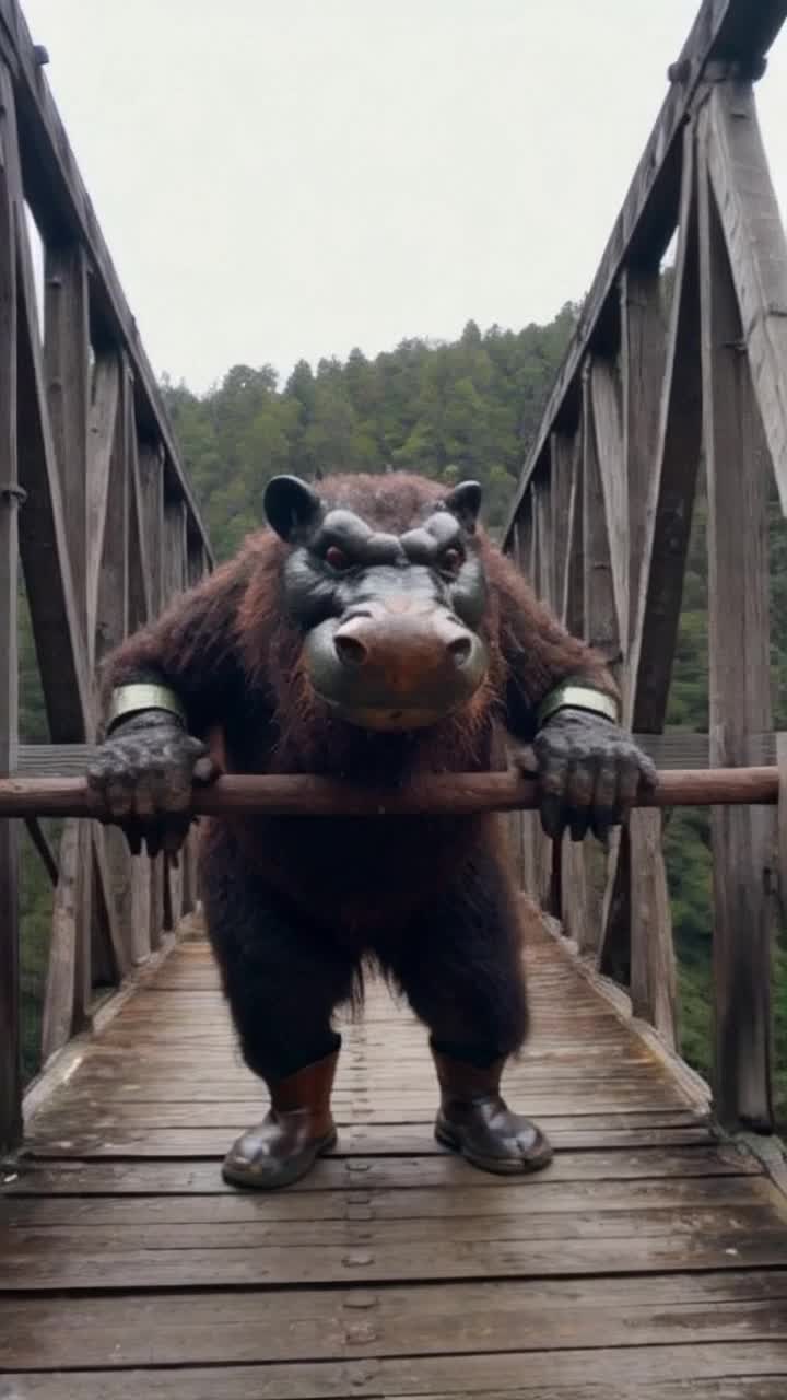 Ugly troll with big hands and a big nose and ears blocking the entrance to an old wooden bridge over a chasm