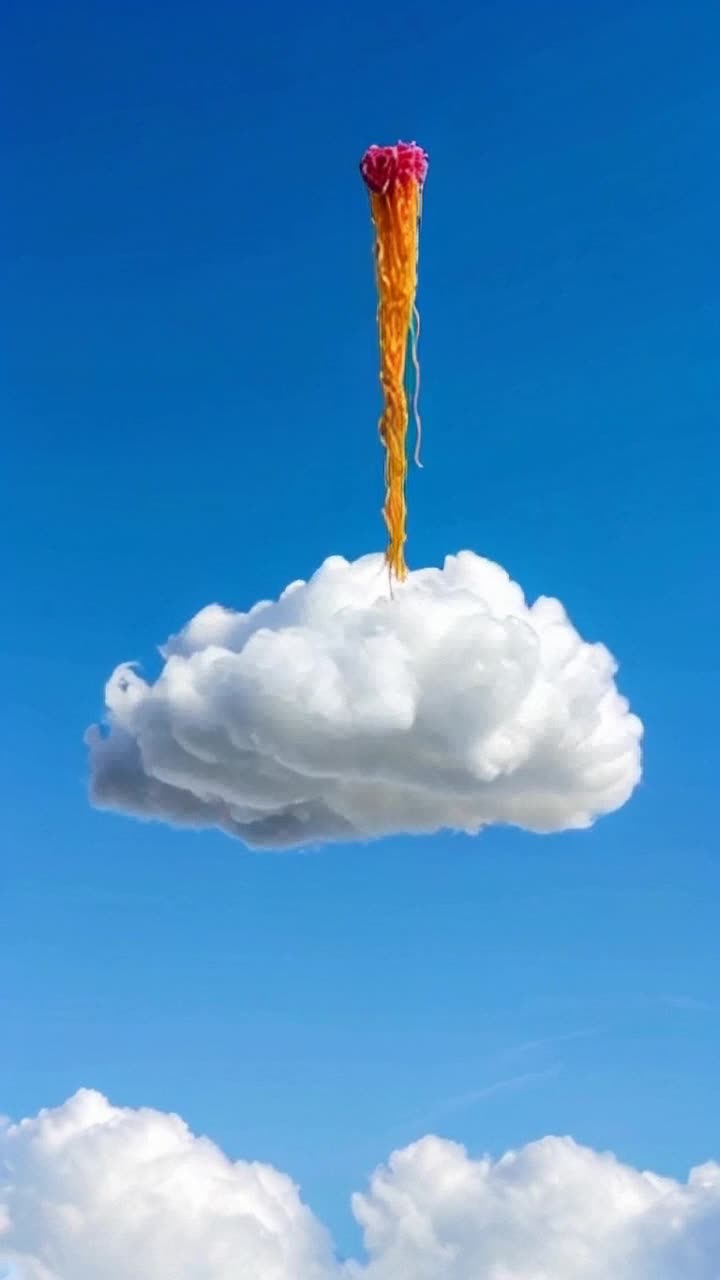 Una tormenta de tallarines desde una nube de algodn con colores fuertes 