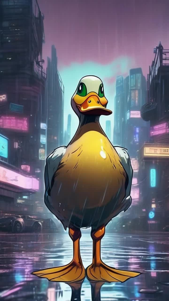 Camera pans up slowly on a anthropomorphic duck standing in the rain inside of a cyberpunk City landscape his head facing the sky, slow motion, cinematic, pan up, anime