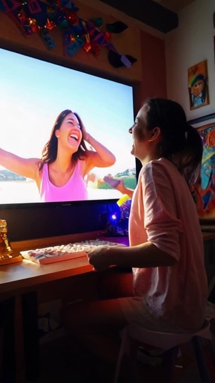 captivated viewer smiling brightly enjoying vibrant footage filled with energy engaging with colorful animations transforms excitement into energetic dance moves surrounded by a lively room bursting with laughter sunlight streaming through windows warm inviting atmosphere filled with creative art and playful decor