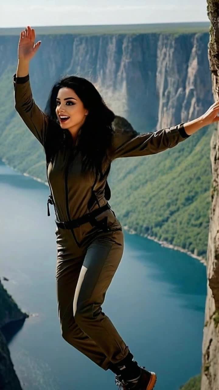Elegant woman in vibrant climbing gear scaling a rugged cliff with determination Radiant sunlight shimmering on her focused expression Cascading river below with crystal clear water reflecting the azure sky Surrounded by lush greenery and towering trees creating a serene natural landscape Sounds of rushing water blending with the crunch of gravel underfoot Impressive rock formations framing the scene enhancing the sense of adventure Warm golden rays illuminating her ascent capturing a moment of strength and grace Natures beauty contrasting with her exhilarating climb