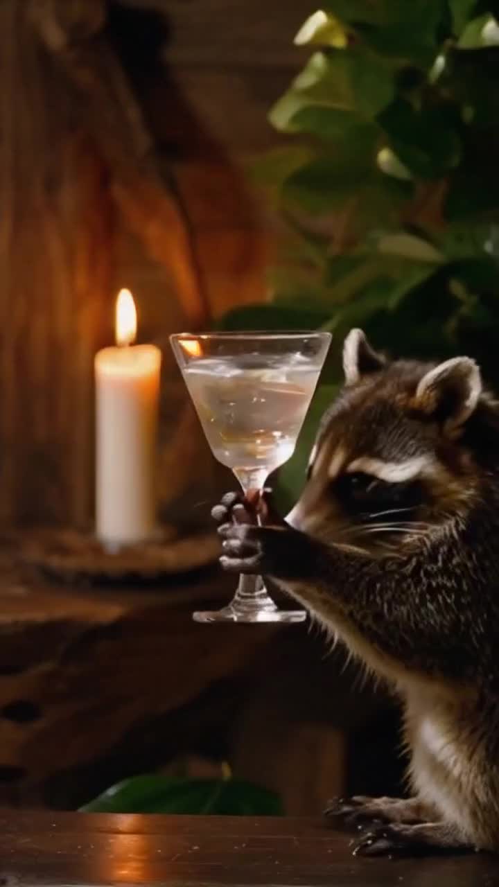 An anthro Promorphic male adult Raccoon Drinking from a martini glass sitting on a chair on a black background with the candle on the table The racoondest smiling slightly