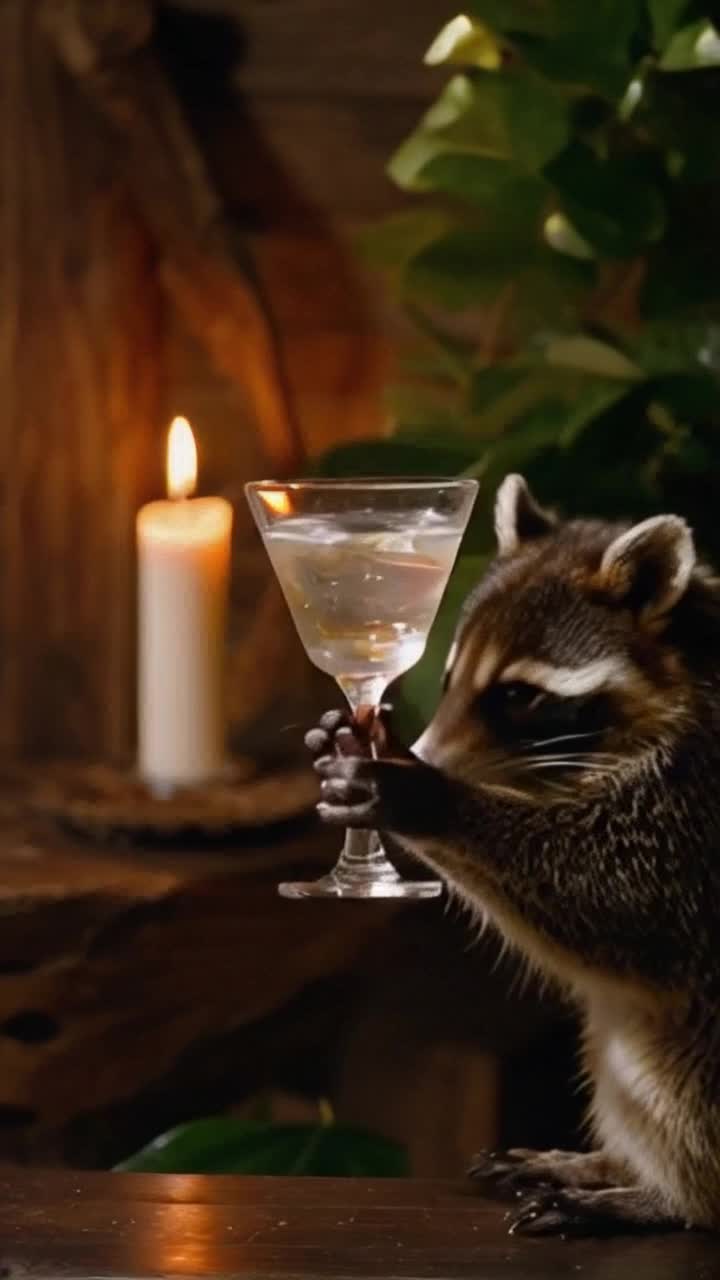 Anthro raccoon twirling martini glass filled with shimmering vibrant liquid soft flicker of candlelight casting playful shadows on the walls elegant bar setting adorned with rustic wood accents lush greenery framing the scene cozy atmosphere enhanced by soft jazz music echoing in the background inviting warmth of the flickering flames dancing around the room glinting reflections sparkling in the raccoon's eyes a moment of indulgence captured in serene tranquility