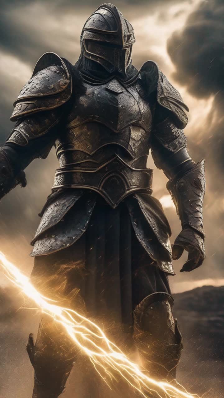 Fierce warrior clad in battle-worn armor standing tall amidst swirling shadows Radiant shockwaves pulsating with energy erupting from the horizon illuminating chaos with brilliant light Dark stormy sky swirling with ominous clouds crackling with energy as distant thunder rumbles