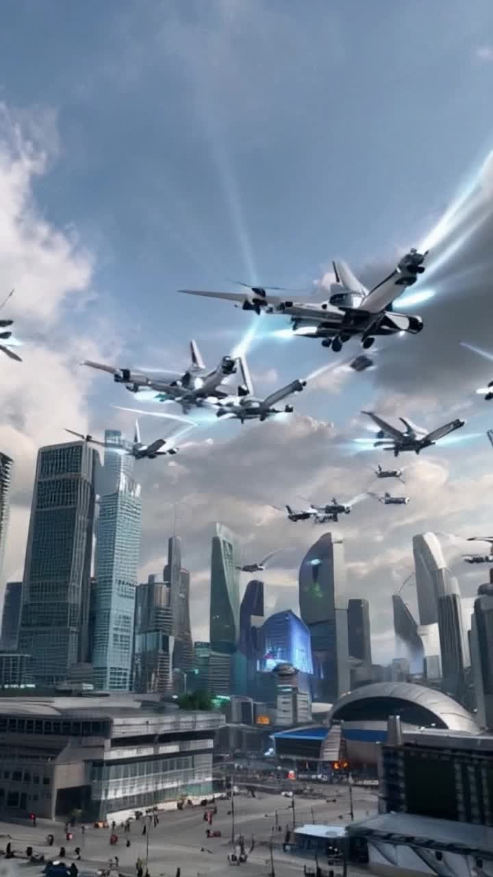 A fleet of sleek silver robots gliding through the sky shining under brilliant daylight unleashing vibrant energy blasts that illuminate their metallic bodies sending agile drones spiraling into the azure expanse of the skyline majestic skyscrapers piercing the clouds reflecting sunlight creating a futuristic cityscape bustling with life soaring birds weaving through cutting-edge architecture energizing the atmosphere with a hum of technology