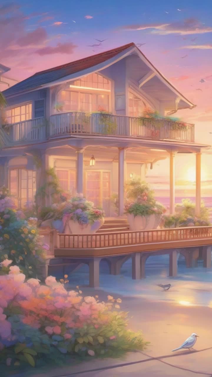 A luxurious Beach House faces a gentle tide sunrise, pastel and vibrant colors, gardens, flowers, birds, a courtyard 