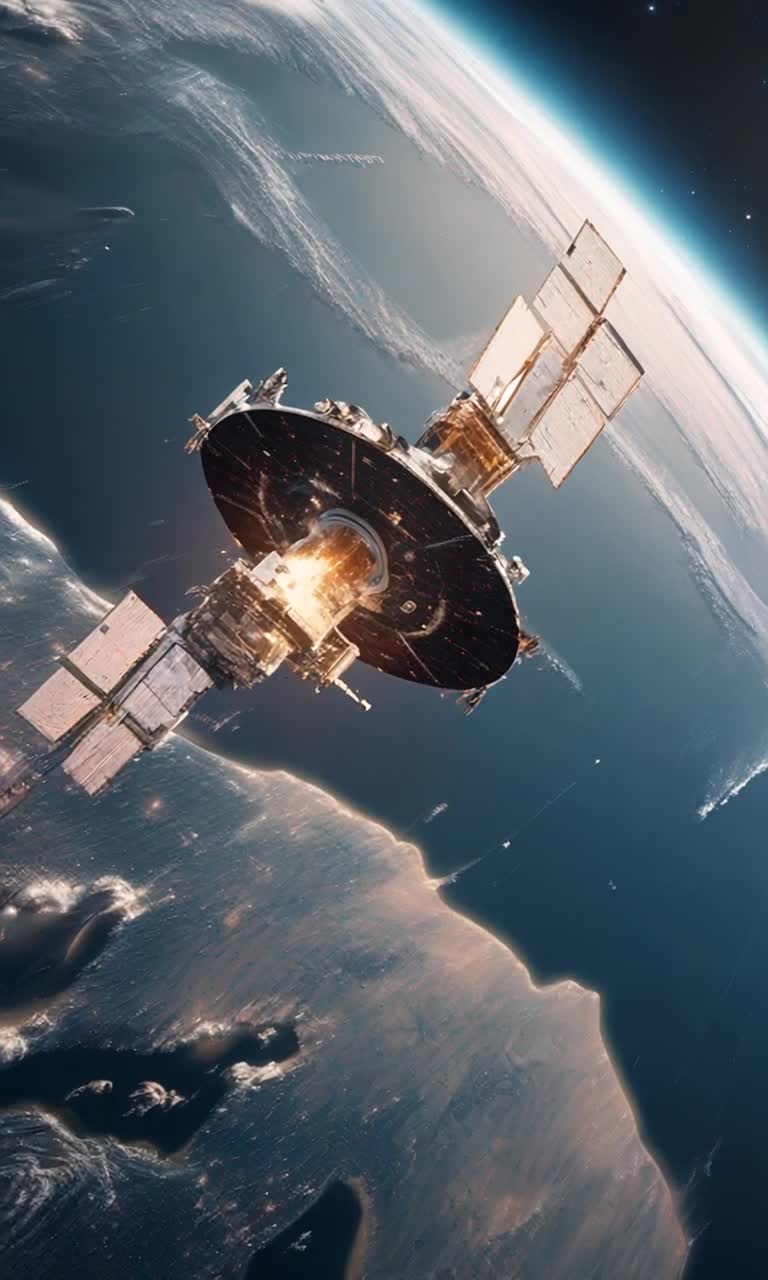 A space view of a satellite orbiting the earth while the earth is at war