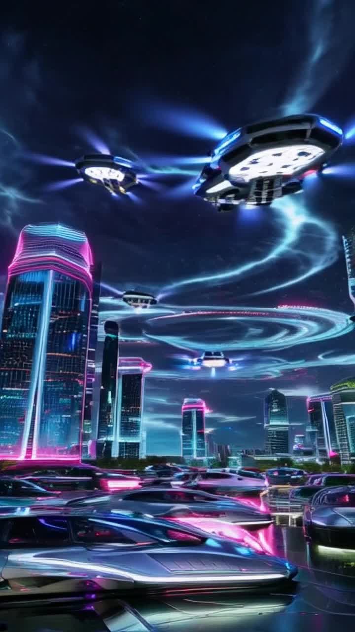 Sleek hovercrafts shimmering in vibrant neon hues flying cars with iridescent finishes gliding effortlessly through surreal skies swirling with cosmic patterns electric clouds pulsating with energy illuminating the scene as they weave through towering futuristic skyscrapers adorned with intricate cybergothic designs intricate glowing circuitry decorating every surface racing together in a dance of innovation vibrant reflections dancing across sleek surfaces as night envelops the cityscape creating a breathtaking tableau of modern ingenuity and artistic expression