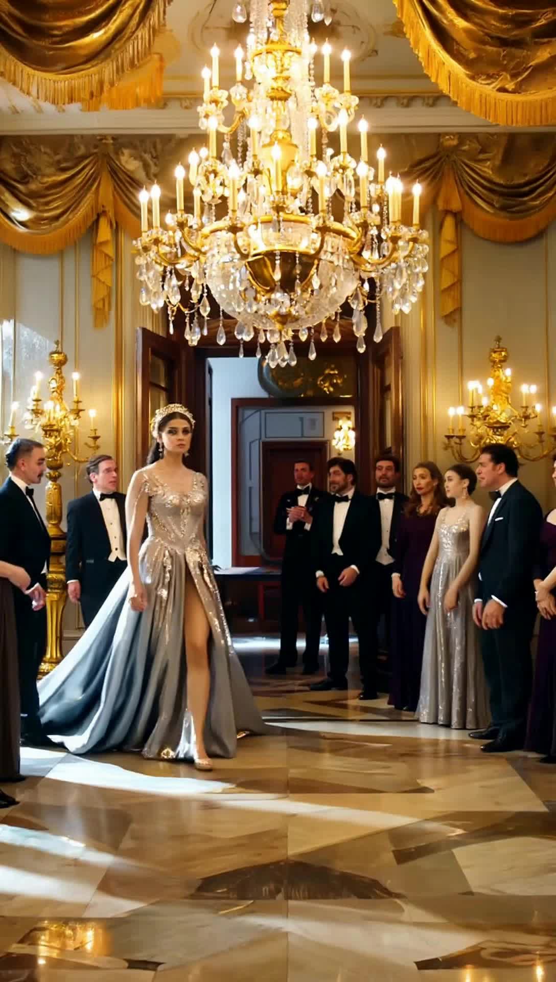 Elegant woman in a stunning glass gown gliding gracefully into the ballroom Enthusiastic guests erupting in applause mesmerized by her shimmering presence Grand chandelier twinkling above illuminating marble floors with a warm golden glow opulent decorations cascading from the ceiling lush velvet drapes framing the scene as anticipation fills the air