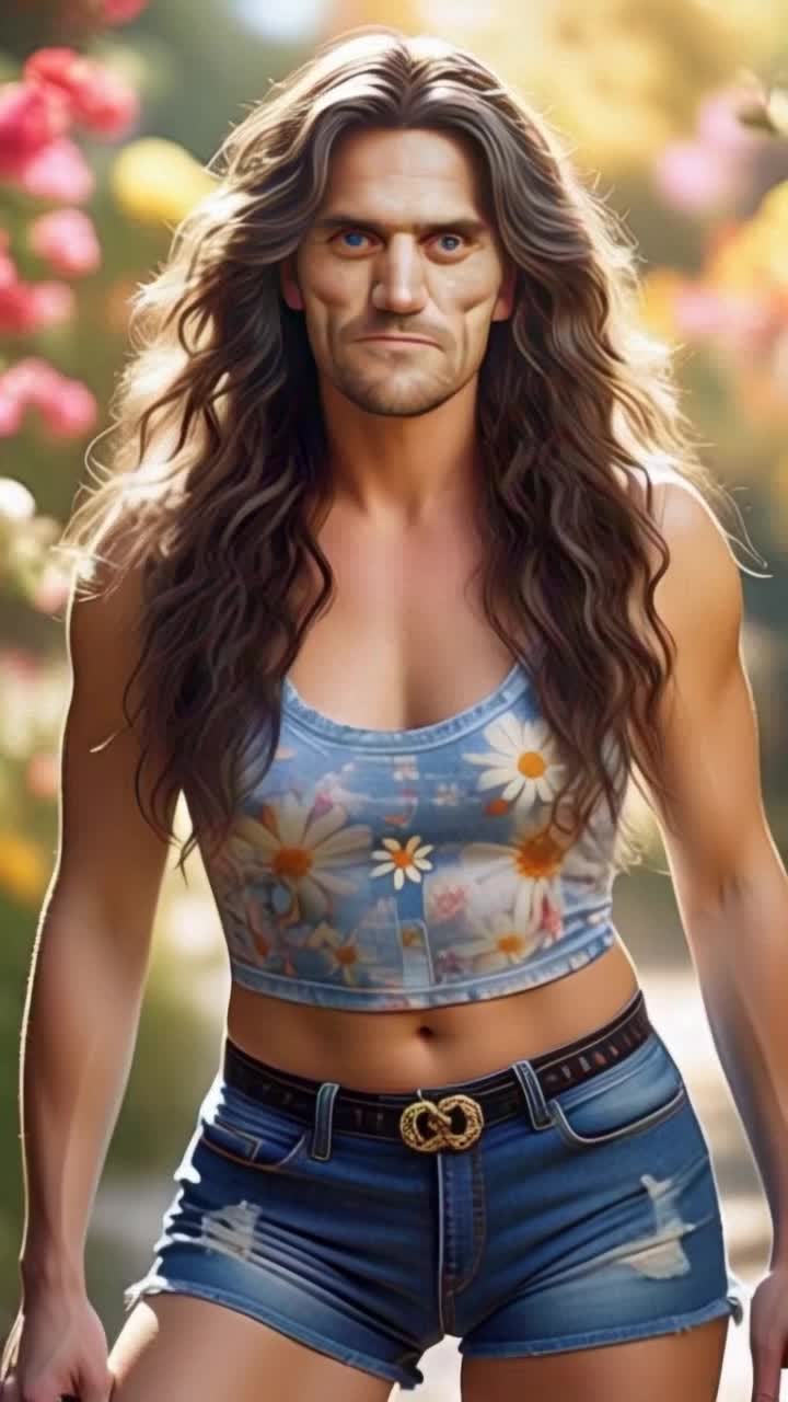 A woman wearing skin tight Daisy dukes shorts that ride with thigh high high heels boots long hair giving her man a  striptease 