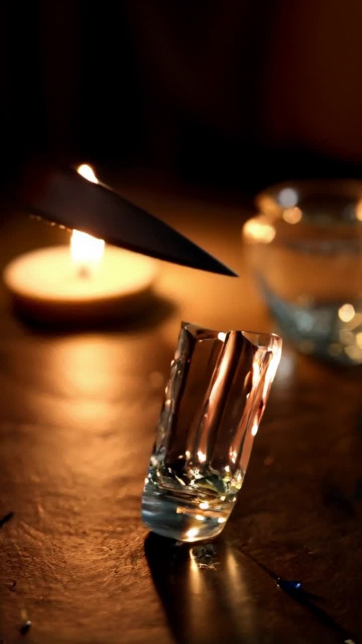 Sharp blade slices through delicate glass finger Confident precision of movement Reflective shards glinting under soft candlelight