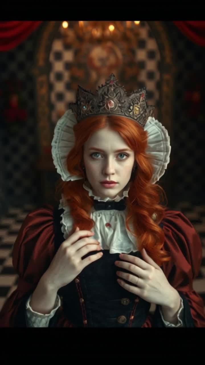 beautiful red head woman, dress in medieval queen clothes, Alice in wonderland theme behind her, shes dressed as the red queen, black, white, and red checkered walls and floors surround them amazing patterns, the beautiful red headed women begins having parts of her taken or broken away, people keep scooping parts of her away, eating her like slices of cake