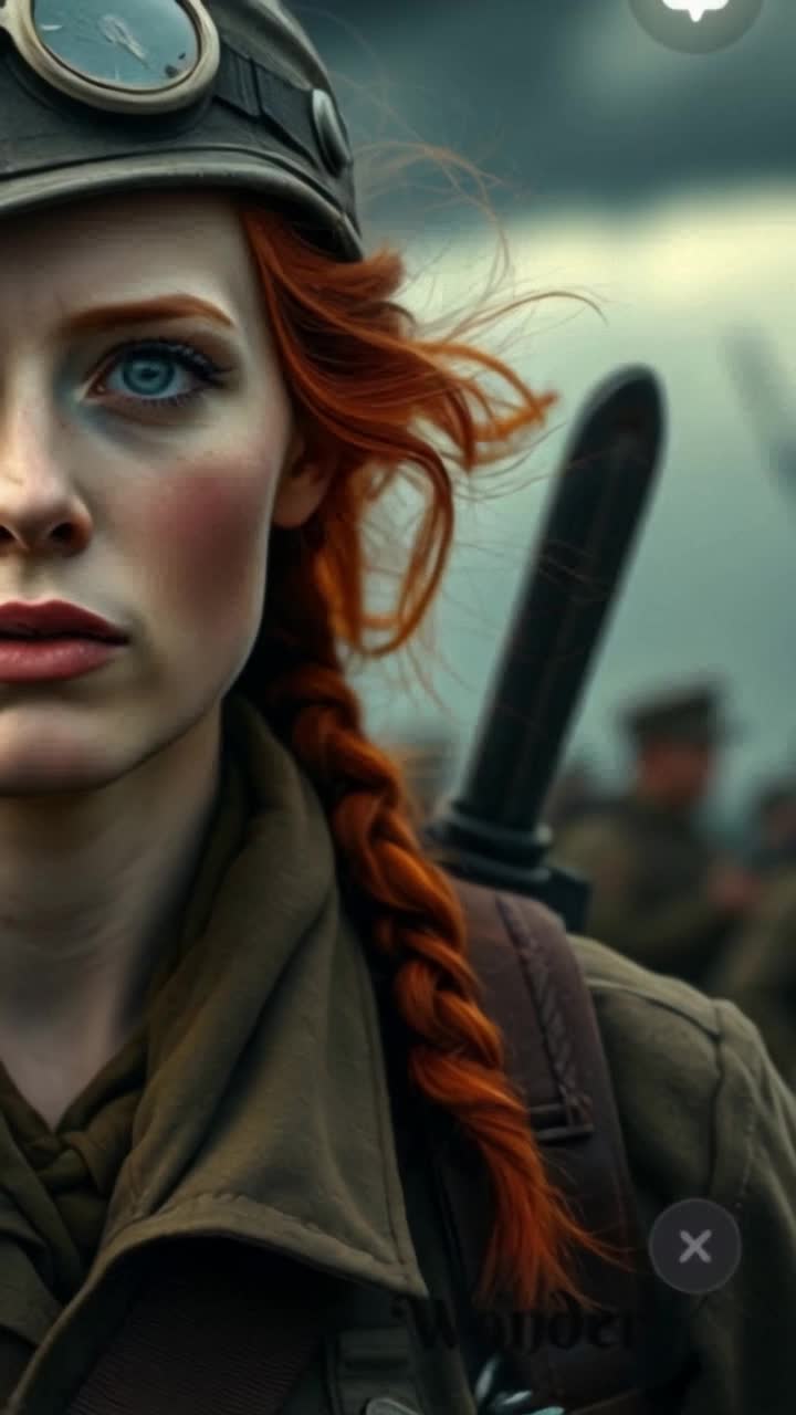 A beautiful redheaded woman, marching to war, world War 2 gear being worn, tired yet determined look on her face, background a dark tornado blows past