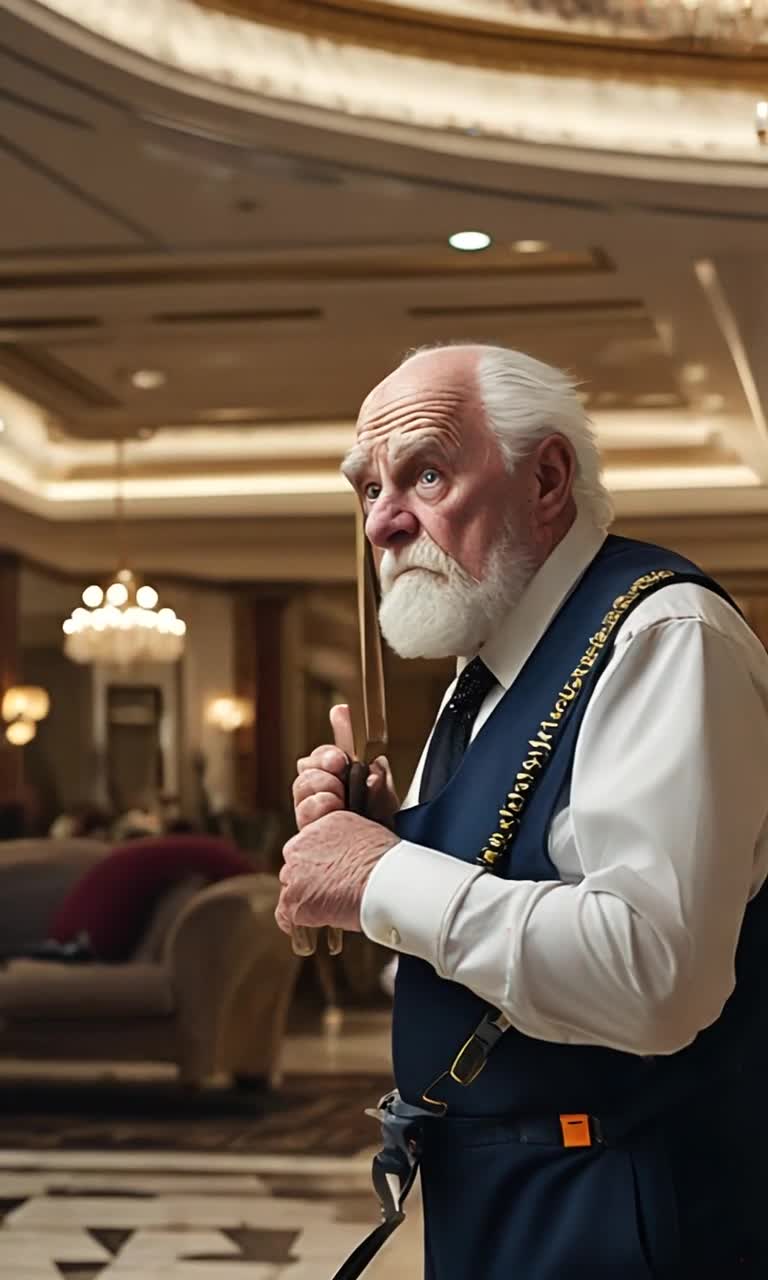 Confused very elderly man hotel maintenance manager named John wearing a slightly oversized uniform with a tool belt dangling loosely from his waist expressive facial expressions and furrowed brows moving through a bustling hotel lobby filled with ornate chandeliers and plush sofas frantically searching for a wayward wrench while guests stroll by glancing curiously at his distressed antics colorful brochures scattered around showcasing local attractions creating a vibrant and chaotic atmosphere