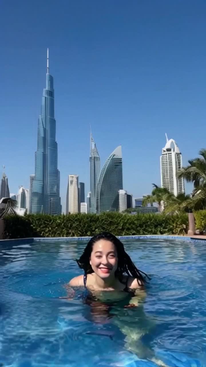 Radiant  woman with flowing hair enjoying a blissful swimming under glistening water droplets Lush greenery and modern skyscrapers of Dubai create a stunning backdrop against vibrant blue sky Sunlight filters through cascading water illuminating her joyful expression and sparkling surroundings
