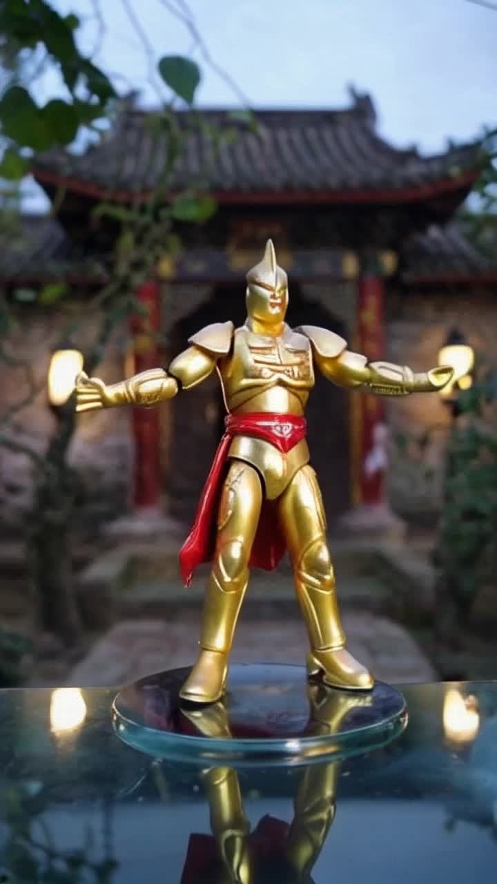 Hyperdetailed Vivid action figure vintage made of ivory white gold and red, dancing balarin, spinning on the glass closeup, masterpiece 135 glowing, the background of an ancient temple shrouded in mist, vines creeping up weathered stone walls, soft lantern light flickering in the shadows, hints of danger lurking nearby Hyperdetailed, uniquely visually captivating and emotionally resonant digital