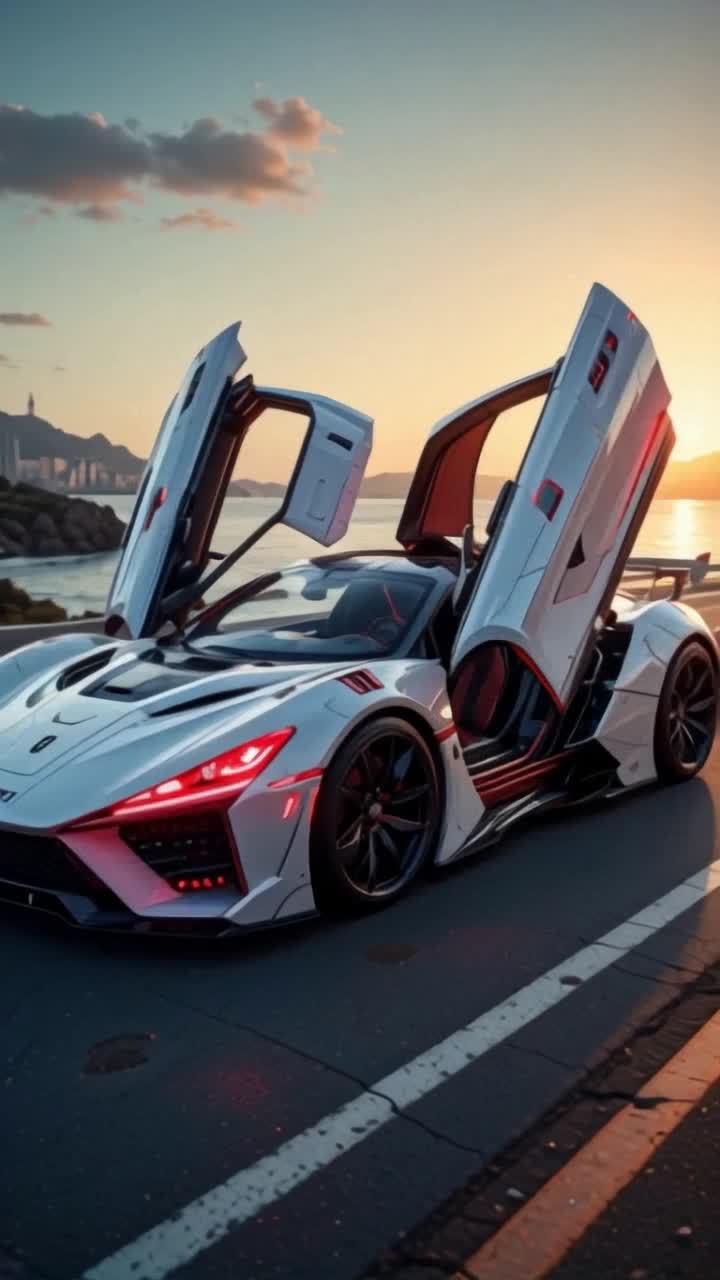  speeds down a coastal highway at sunset Its sleek, aerodynamic body is white and red, with glowing red neon energy lines The turbine wheels spin rapidly, red energy cores pulsing The headlights glow like robotic eyesThe engine roars as the car accelerates, leaving glowing red light trails The camera follows dynamic anglescloseups of spinning wheels, a low sweeping shot of its sleek form, and an aerial view of its highspeed movement along the winding road The car drifts smoothly around sharp turns, propulsion vents emitting bursts of red energy Wind rushes past as the background blurs with its increasing velocity The scene ends as the car vanishes into the horizon,