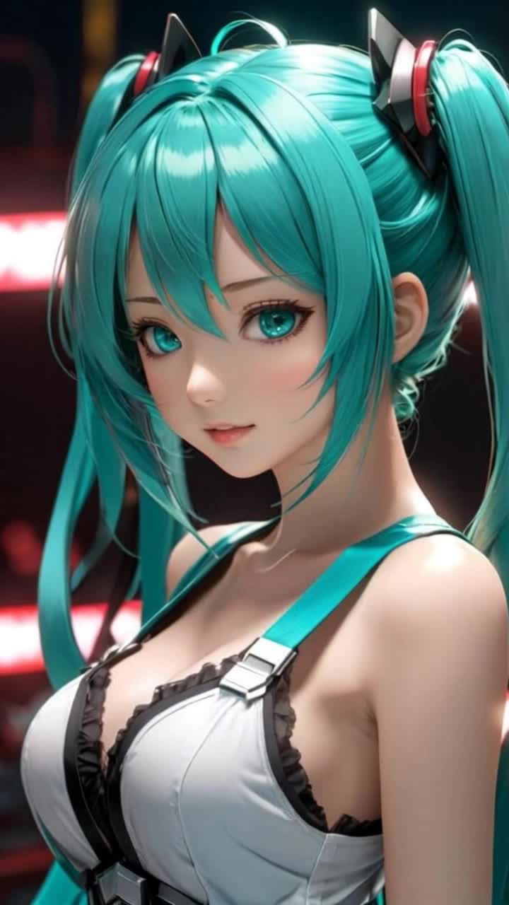 Hatsune Miku looks toward the viewer and smiles, giving the viewer a cheerful and excited peace hand sign.