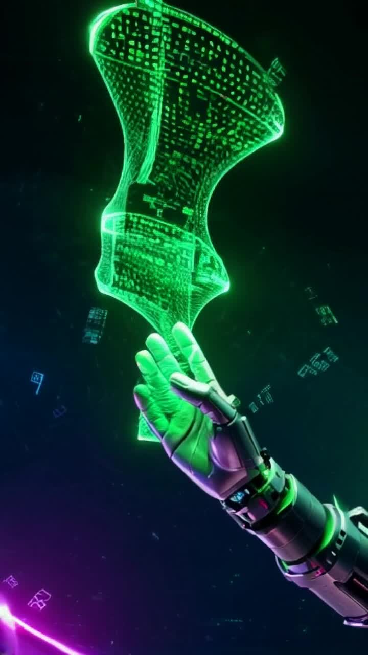 KkGlowing green digital code sequences swirl gracefully across the screen  A robotic hand effortlessly weaves the characters into mesmerizing patterns  In an abstract cyberspace filled with floating data blocks and neon lights