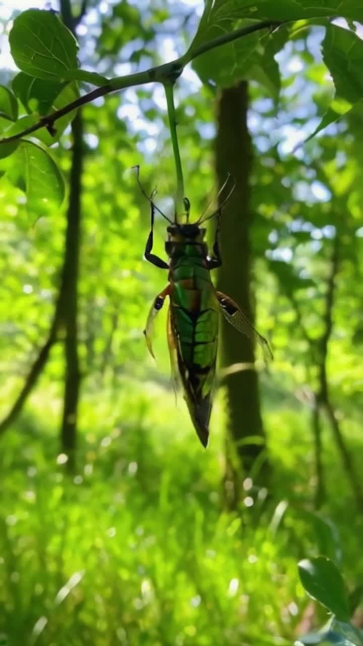 Cristian transformed into a vibrant cicada glowing with iridescent greens and blues delicate wings shimmering under sunlight buzzing energetically through the air dancing between branches Action fluttering gracefully amidst foliage chirping harmoniously creating a symphony of sounds Background sundrenched forest lush with verdant trees dappled light filtering through leaves soft rustling of grass beneath creating a serene yet lively atmosphere enchanting melodies filling the air