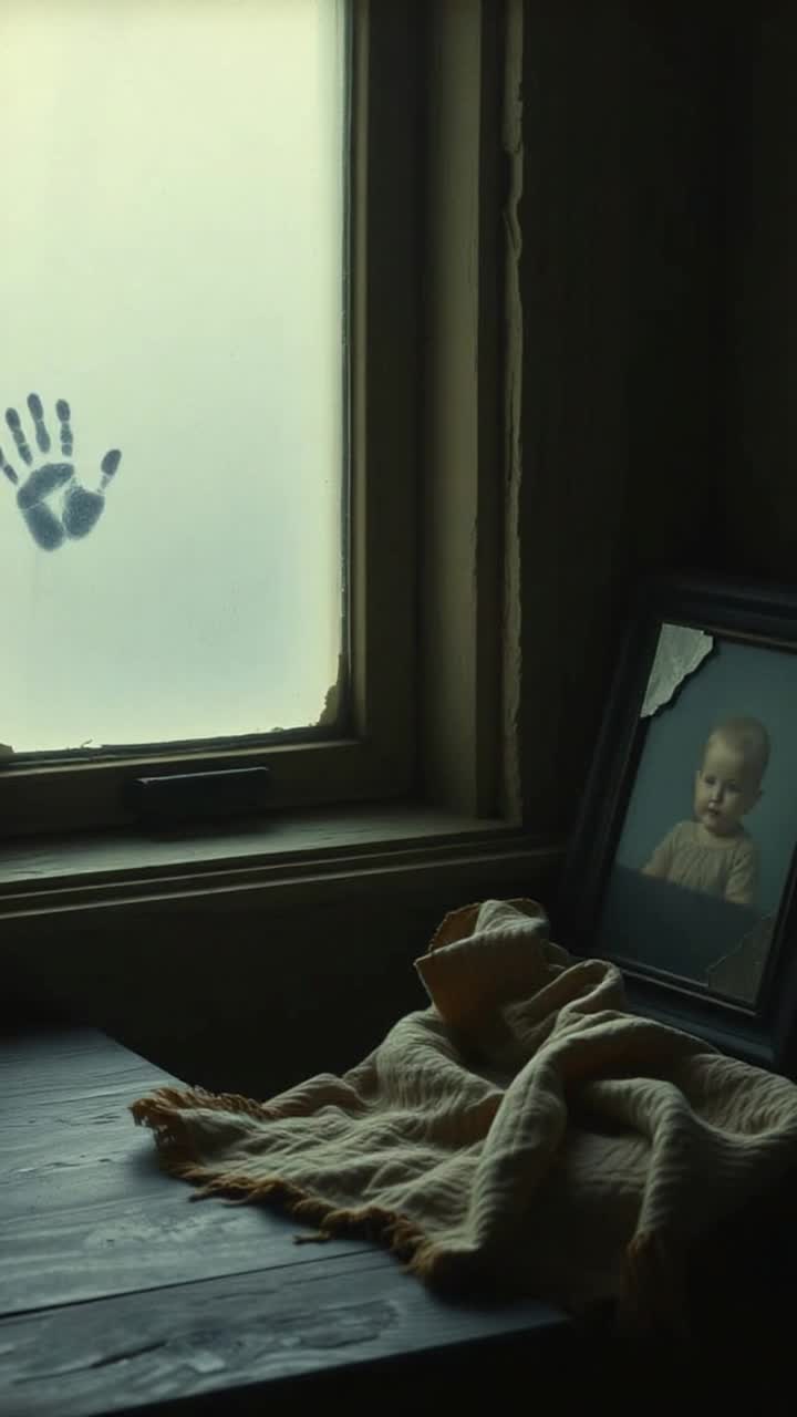 A dimly lit, dusty room frozen in time A small handprint is smeared on a foggy windowpane, just visible in a beam of pale light On a rickety table rests a cracked tea cup, stained with dried crimson Nearby, a tattered blanket is crumpled beside a broken framed photo its glass splintered like a The atmosphere is dense with sorrow ghostly impressions linger in the air like breath long faded This is not just a spaceits a memory, soaked with the echoes of grief and human touch 