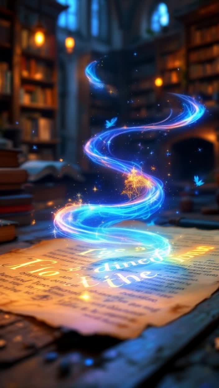 Luminous pencil twirling with radiant hues crafting mesmerizing words on aged parchment evoking fantastic creatures and enchanting landscapes springing to life from papers surface