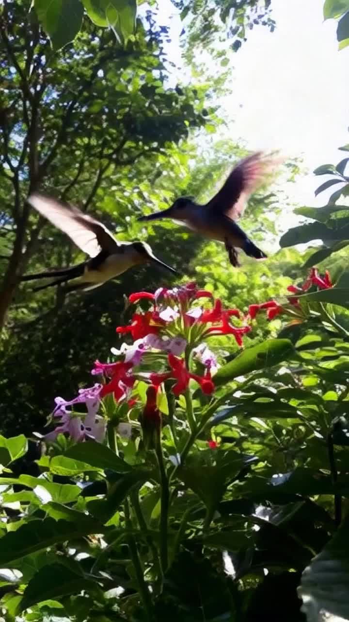 Two vibrant hummingbirds flit gracefully through midair, wings a blur of iridescent colors They dart playfully, competing for nectar from a cluster of bright tropical flowers Lush green jungle surrounds the scene, sunlight filtering through the dense canopy above, casting dappled shadows on the forest floor Exotic birds call in the distance, creating a lively symphony of sounds, while leaves rustle gently in the warm breeze, adding to the enchanting atmosphere of this vivid paradise