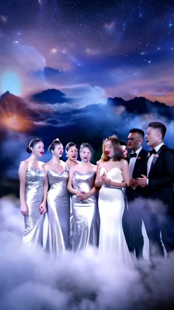 Six ethereal female singers radiant with shimmering gowns harmonizing beautifully Eight charismatic male singers in tailored suits joining in rich melodies Singing tenderly about a fallen angels love for a mortal weaving through celestial clouds and earthly landscapes Emphasizing the heartwarming adoption of two goldenhaired twins surrounded by soft glowing light and magic sparkles A celestial backdrop of twinkling stars and a vibrant dawn reflecting hope and love creating an enchanting atmosphere that captivates the soul